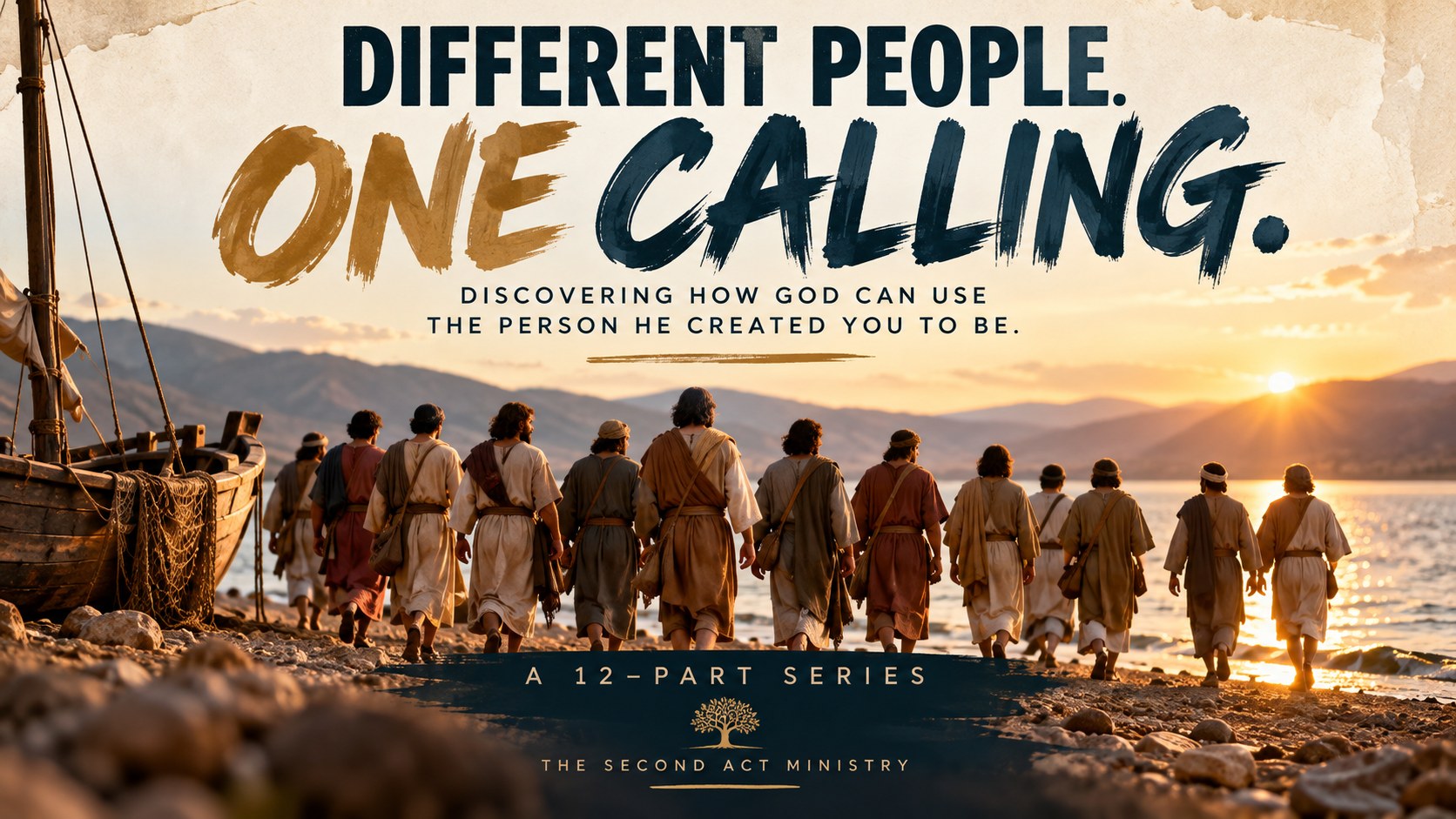 Different People. One Calling. series cover showing Jesus and twelve disciples walking beside the Sea of Galilee